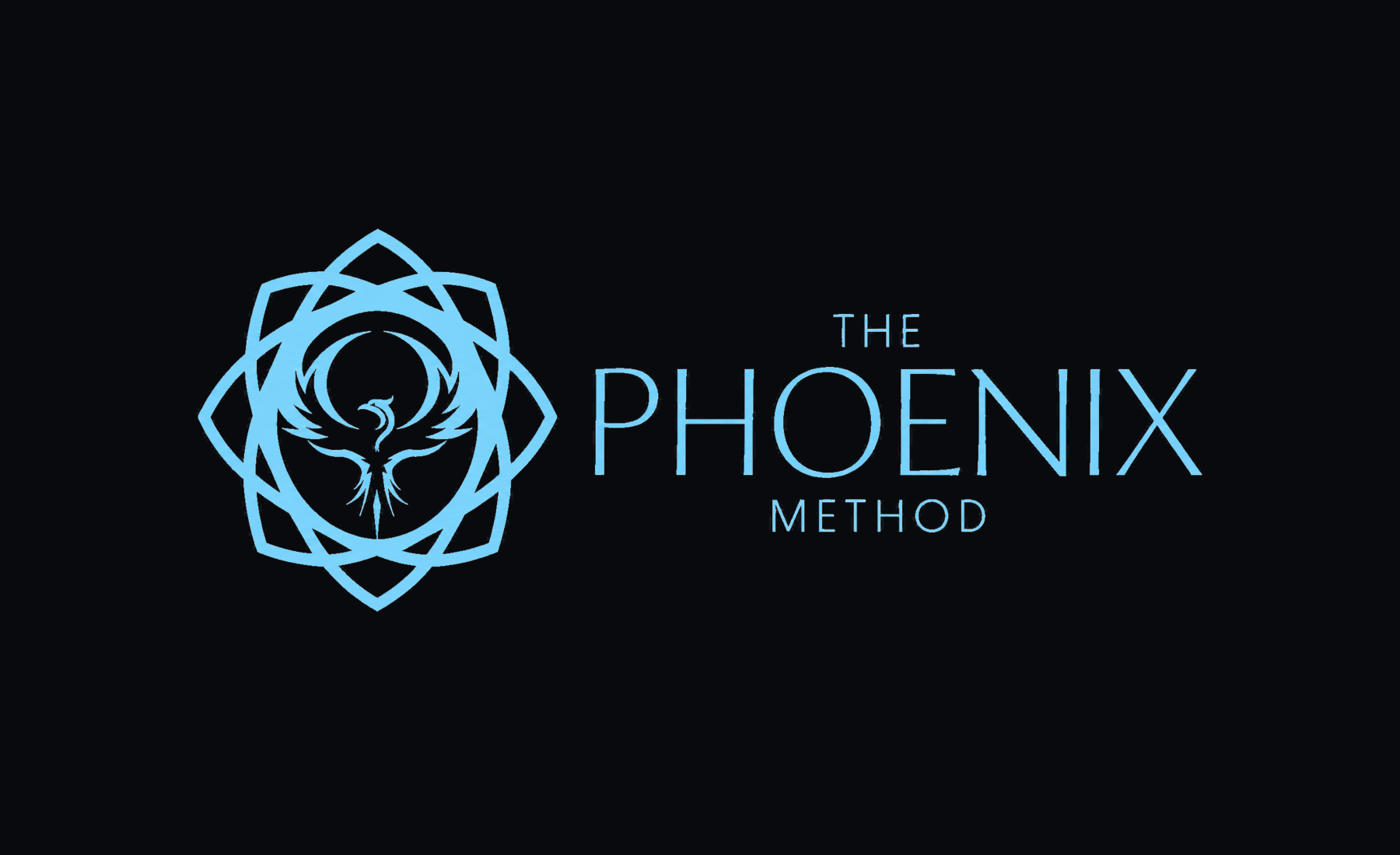 Phoenix Method baby-blue logo on a matte-black background